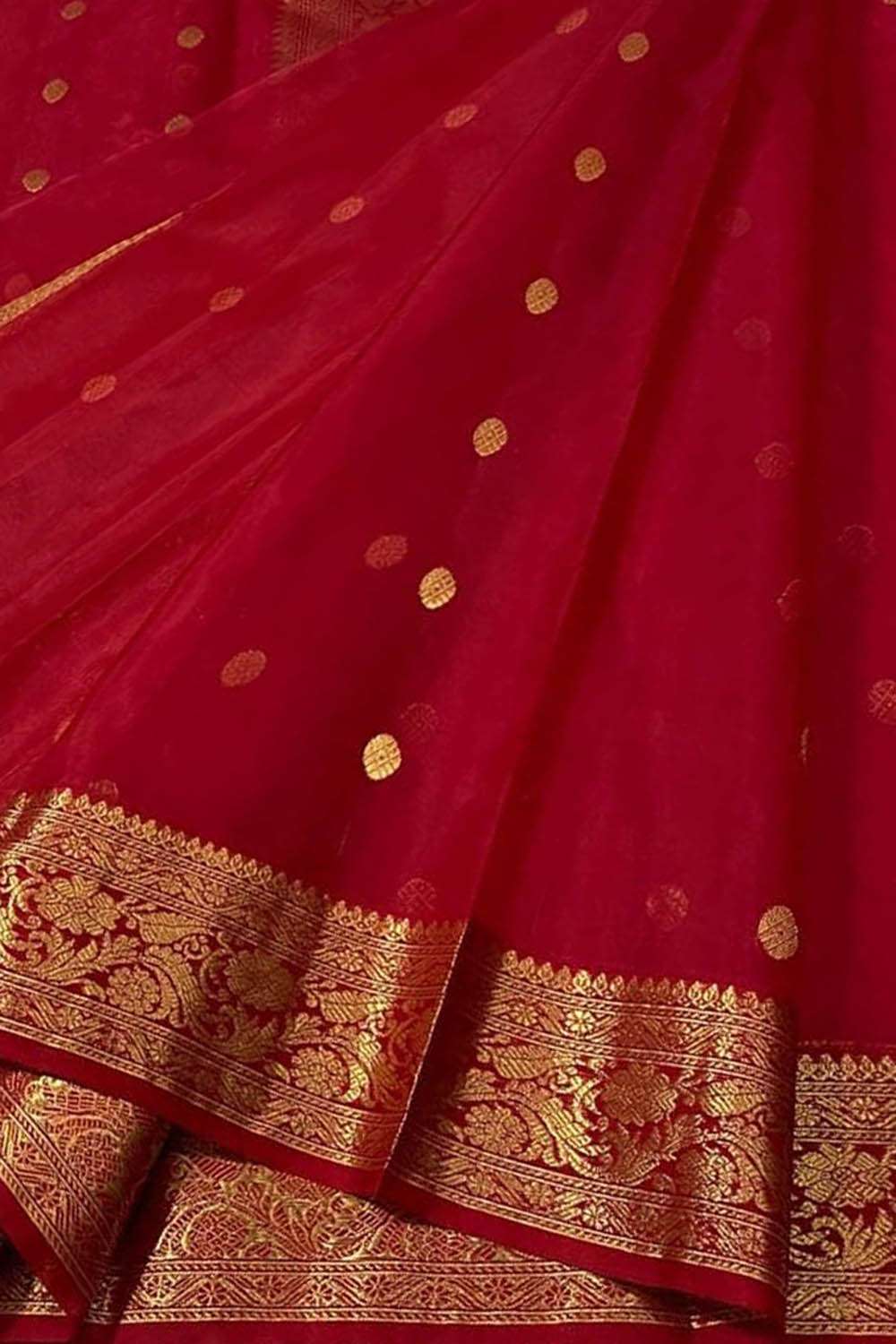Red Handloom Chanderi Pure Katan Silk Saree - Luxurion World