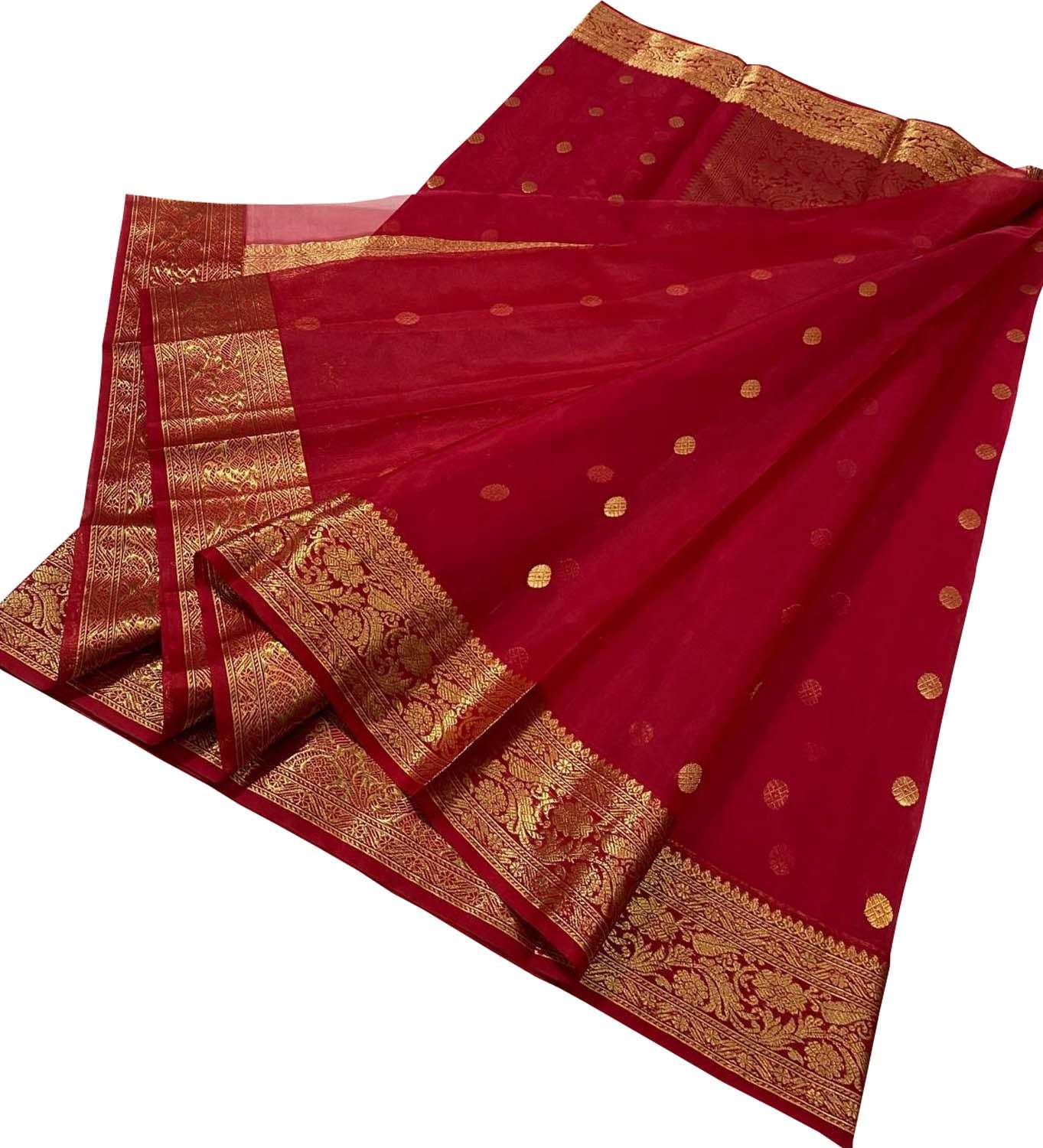 Red Handloom Chanderi Pure Katan Silk Saree - Luxurion World