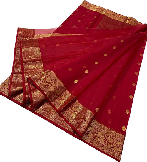 Red Handloom Chanderi Pure Katan Silk Saree - Luxurion World