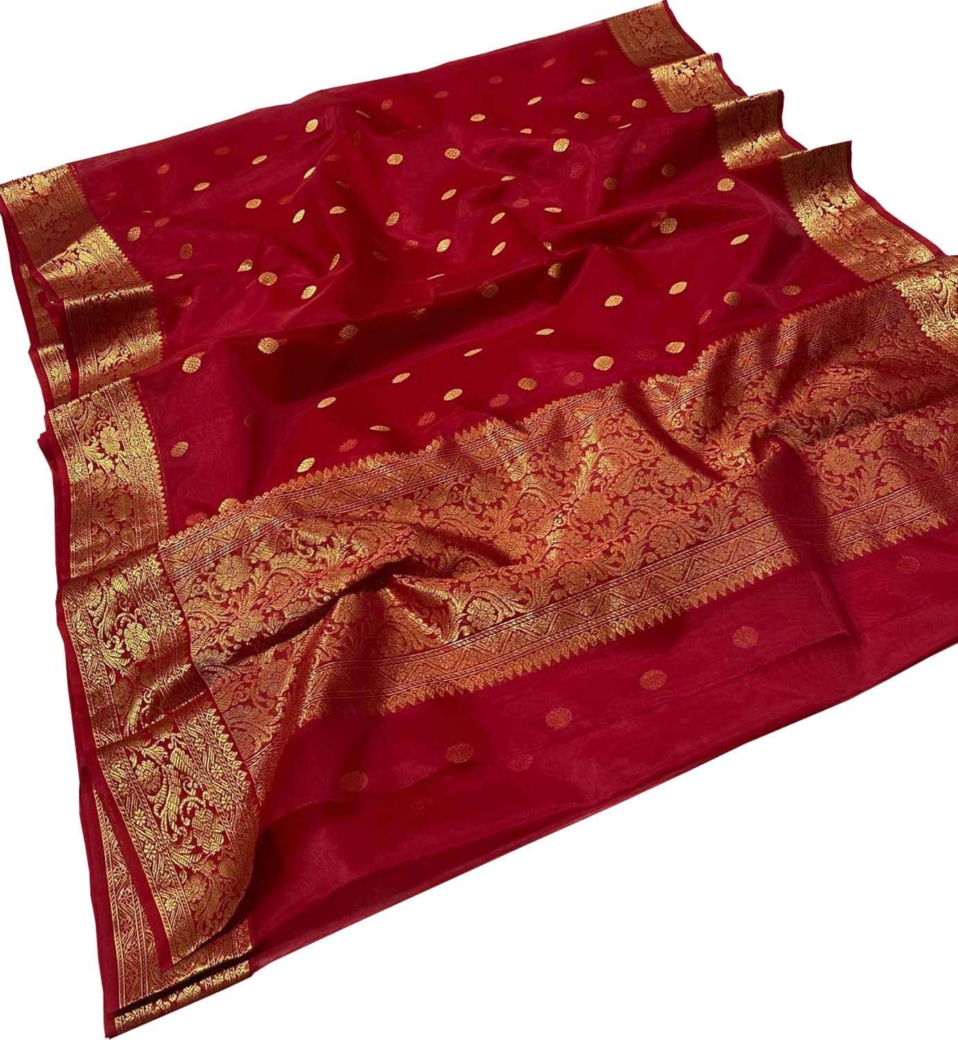 Red Handloom Chanderi Pure Katan Silk Saree - Luxurion World