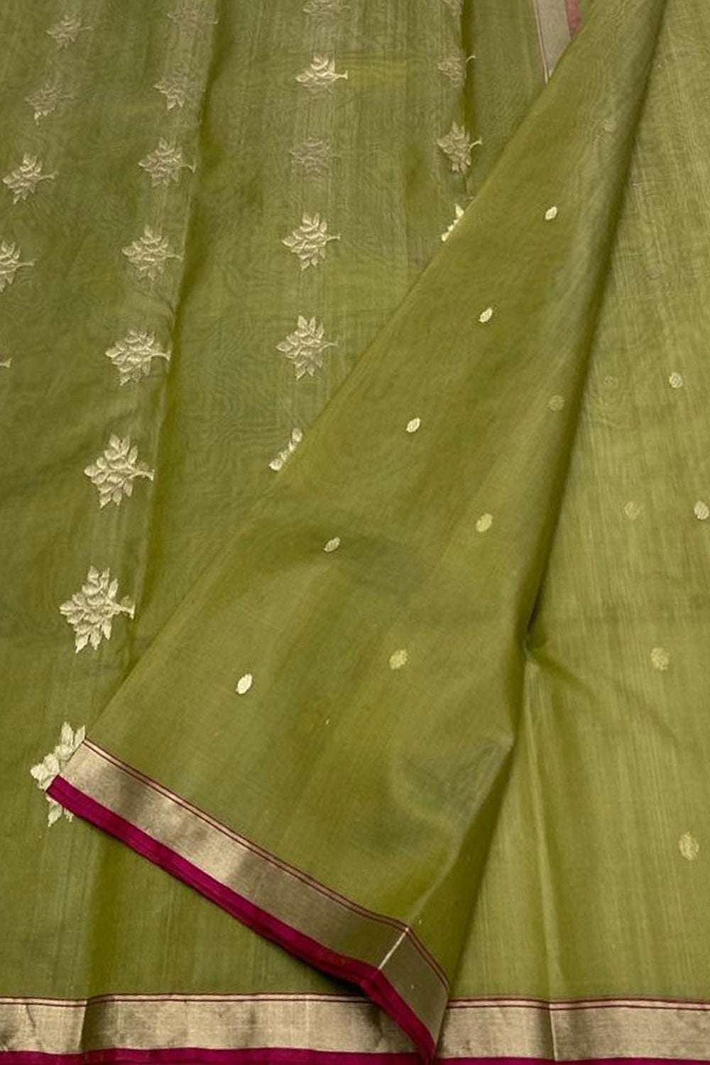 Green Handloom Chanderi Pure Katan Silk Saree - Luxurion World