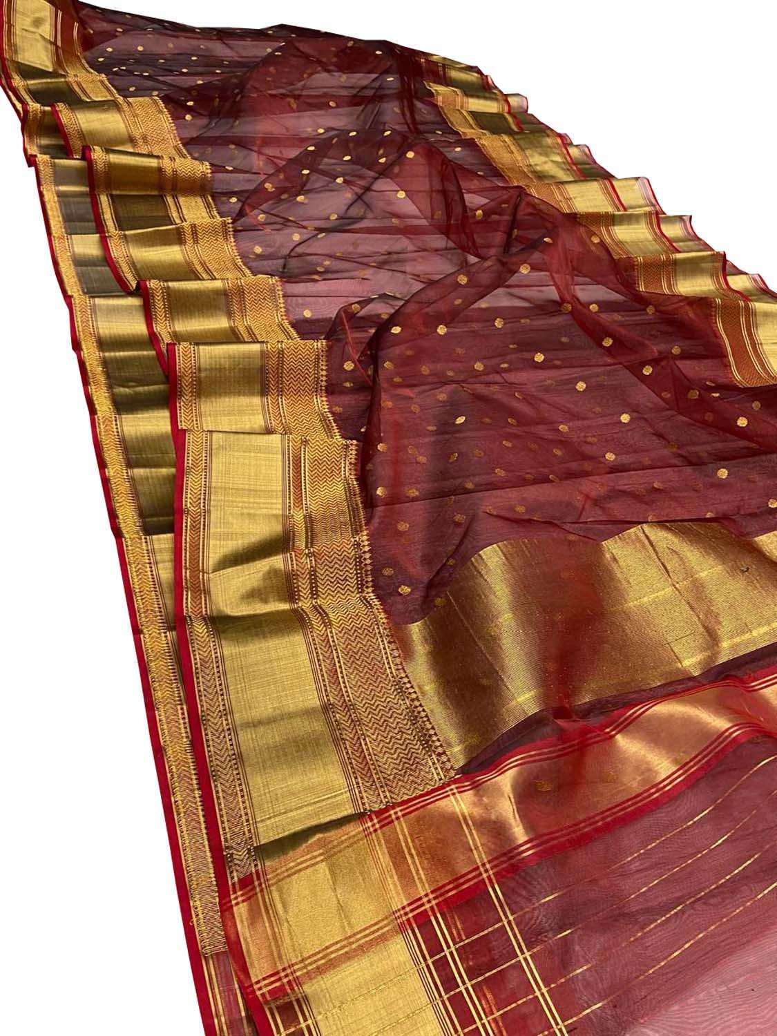 Elegant Maroon Handloom Chanderi Pure Katan Silk Saree - Luxurion World
