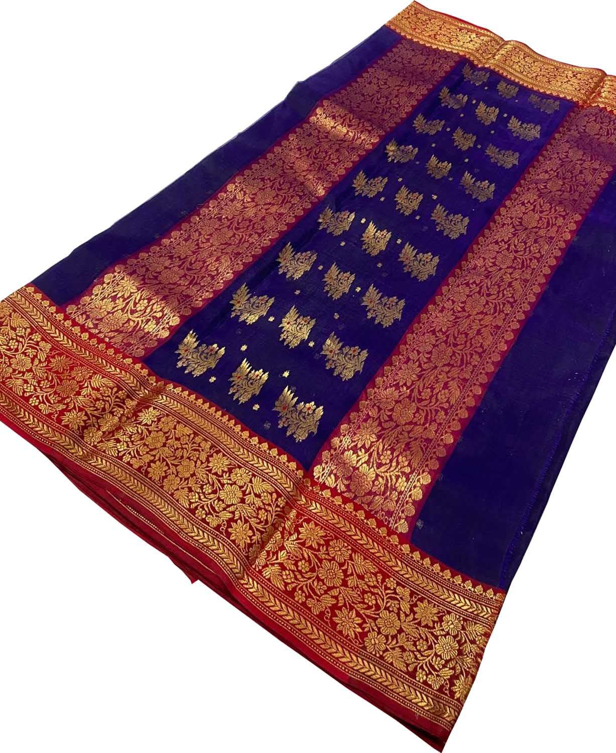 Blue Handloom Chanderi Pure Katan Silk Saree - Luxurion World