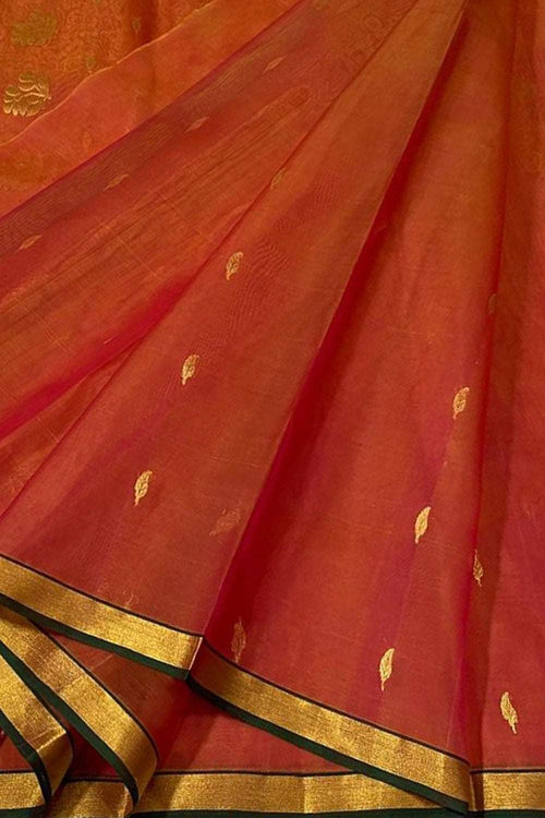 Orange Handloom Chanderi Pure Katan Silk Saree - Luxurion World
