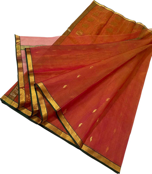 Orange Handloom Chanderi Pure Katan Silk Saree - Luxurion World
