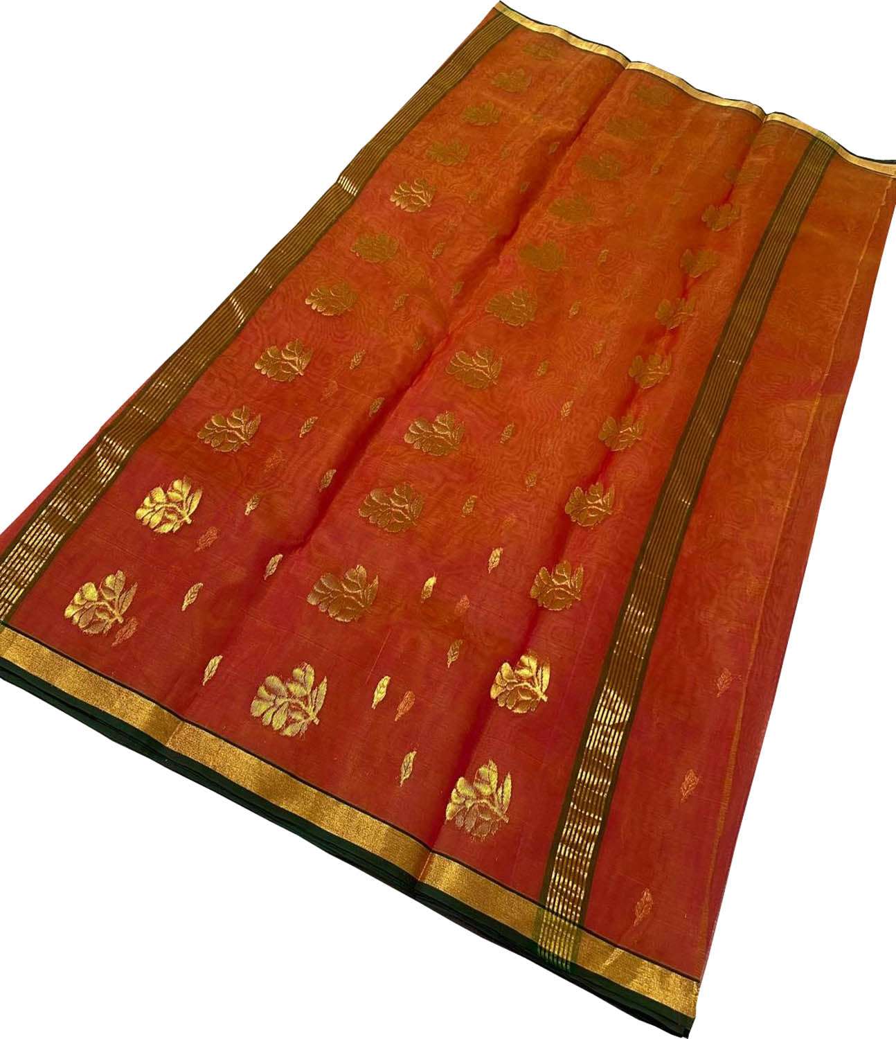 Orange Handloom Chanderi Pure Katan Silk Saree - Luxurion World