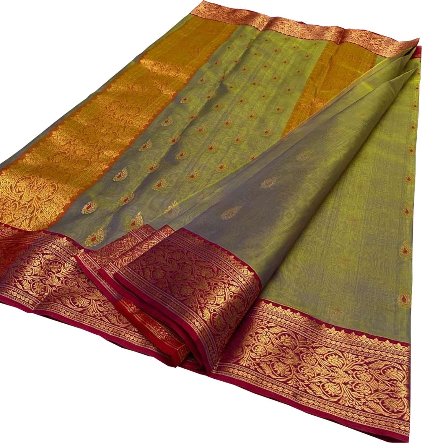 Green Handloom Chanderi Pure Katan Silk Saree - Luxurion World