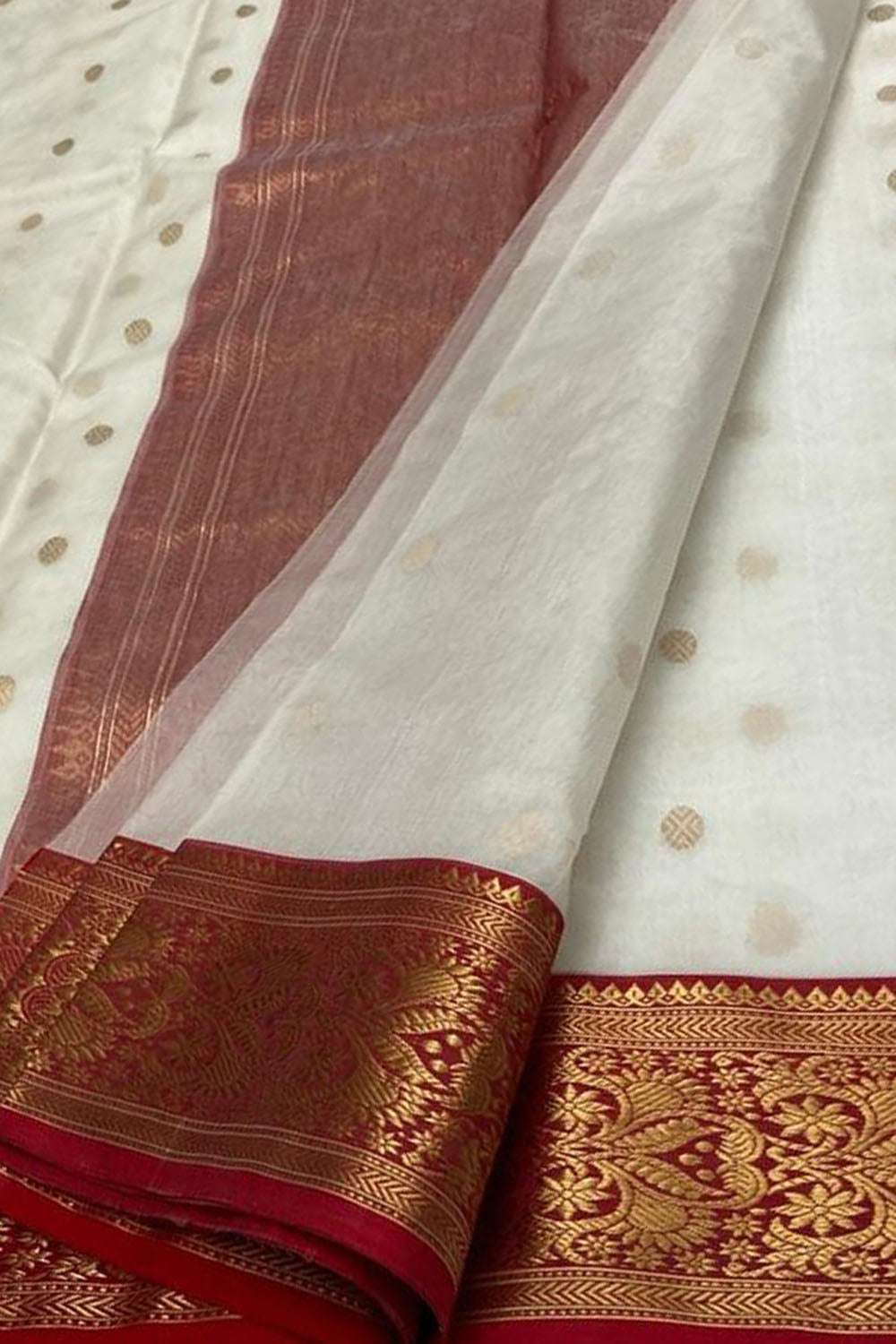 Elegant Off White Handloom Chanderi Pure Katan Silk Saree - Luxurion World