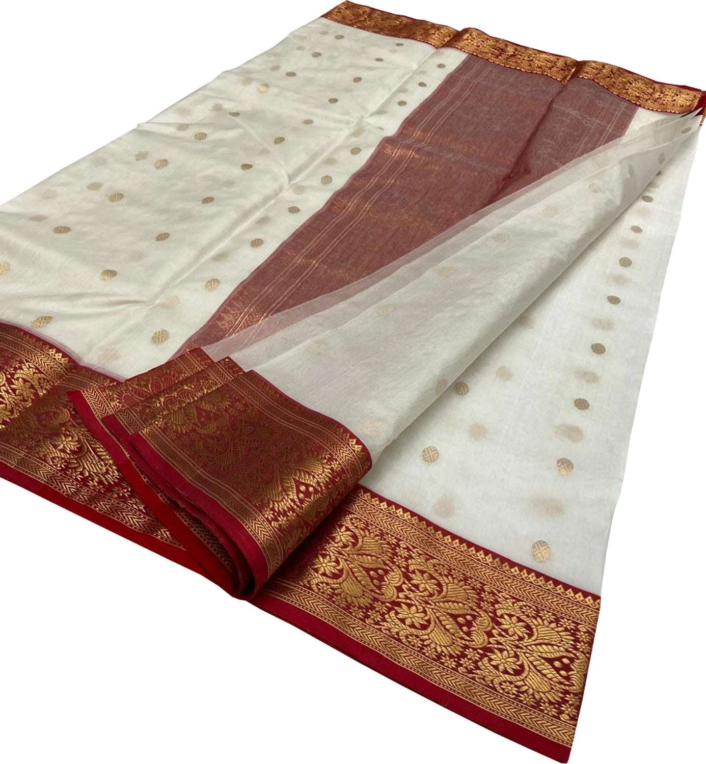 Elegant Off White Handloom Chanderi Pure Katan Silk Saree - Luxurion World