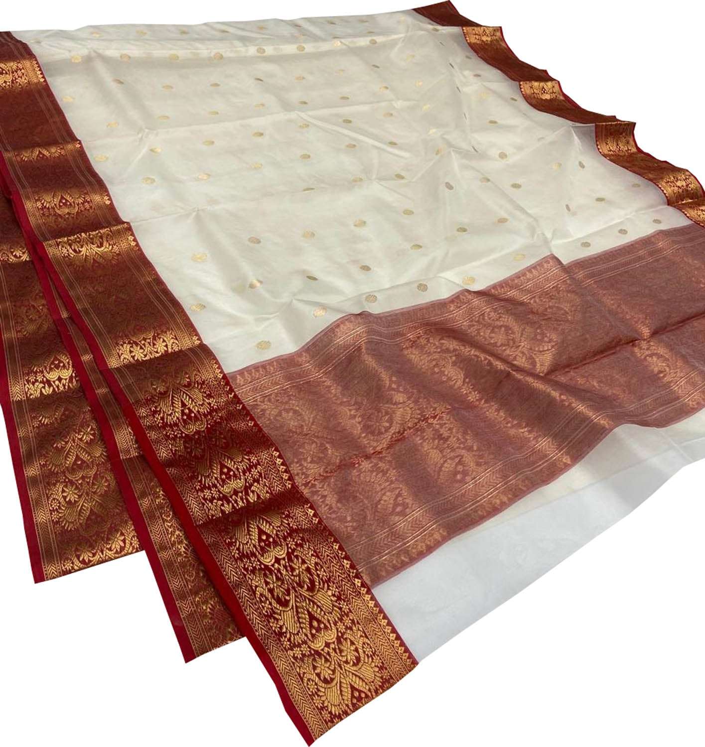 Elegant Off White Handloom Chanderi Pure Katan Silk Saree - Luxurion World