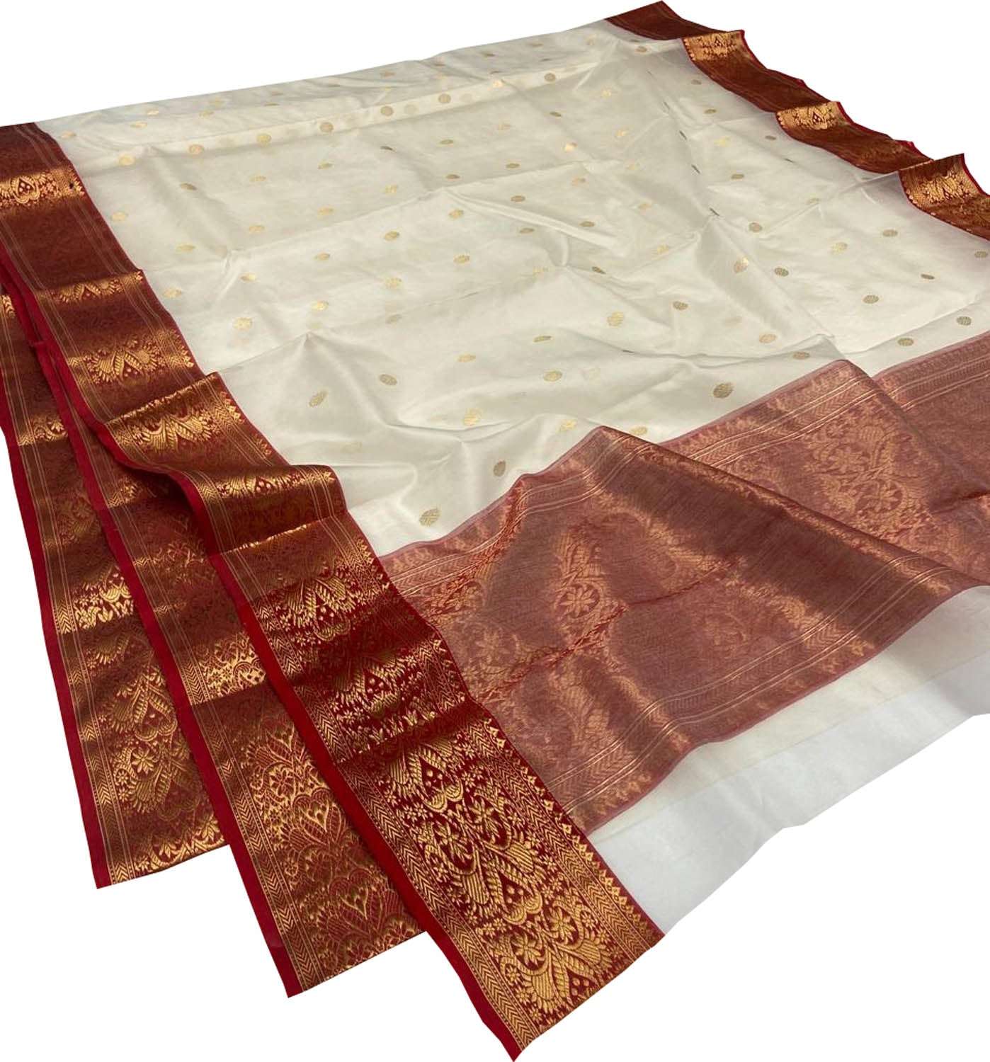 Elegant Off White Handloom Chanderi Pure Katan Silk Saree - Luxurion World