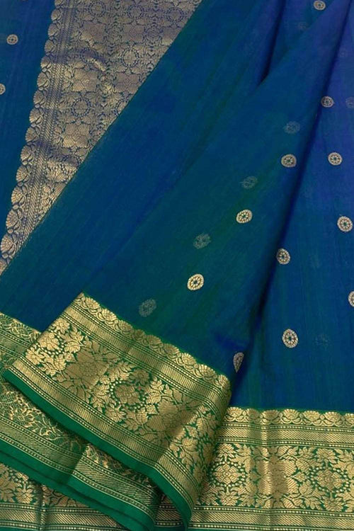 Blue Handloom Chanderi Pure Katan Silk Saree - Luxurion World