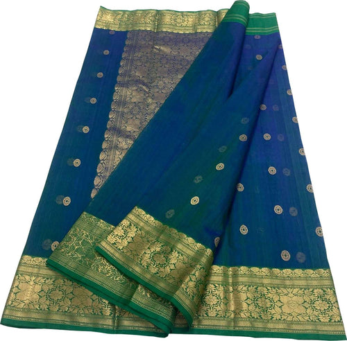 Blue Handloom Chanderi Pure Katan Silk Saree - Luxurion World