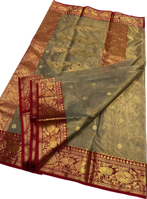 Elegant Grey Handloom Chanderi Pure Katan Silk Saree - Luxurion World