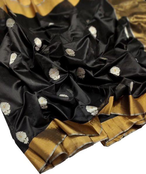 Black Handloom Chanderi Pure Silk Flower Design Saree