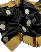 Black Handloom Chanderi Pure Silk Flower Design Saree
