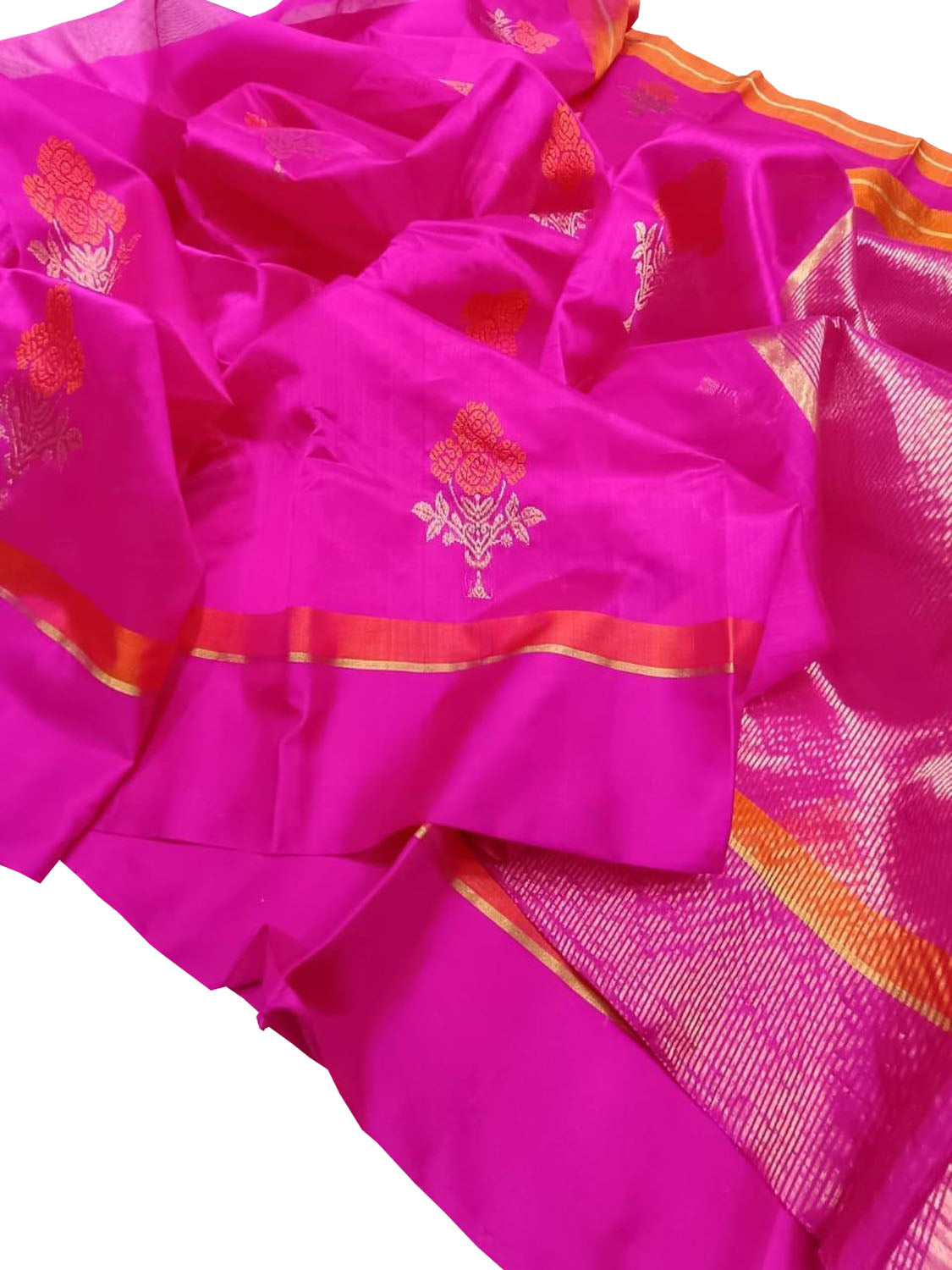 Pink Handloom Chanderi Pure Silk Flower Design Saree - Luxurion World