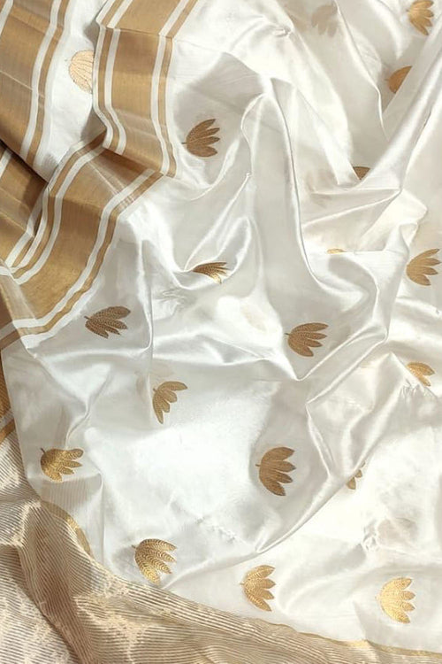 White Handloom Chanderi Pure Silk Flower Design Saree - Luxurion World