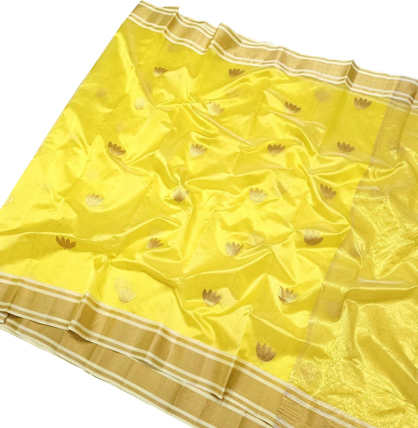 Yellow Handloom Chanderi Pure Silk Flower Design Saree - Luxurion World