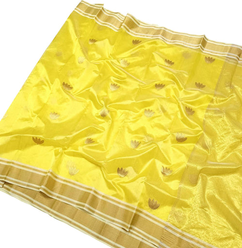 Yellow Handloom Chanderi Pure Silk Flower Design Saree - Luxurion World