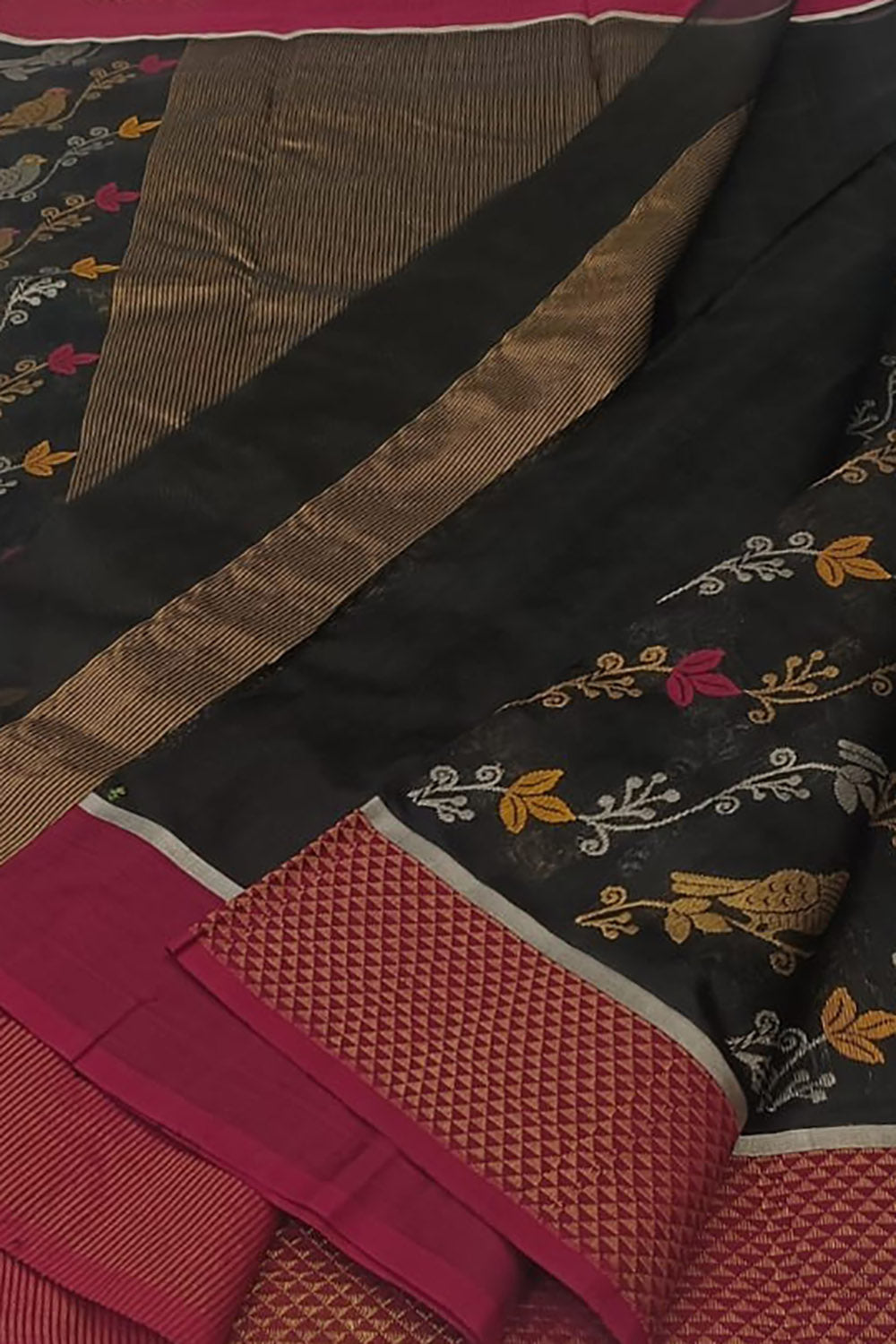 Black Handloom Chanderi Pure Silk Flower And Bird Design Saree