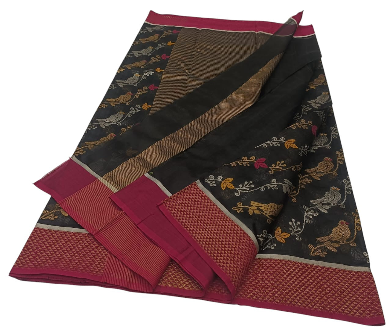Black Handloom Chanderi Pure Silk Flower And Bird Design Saree