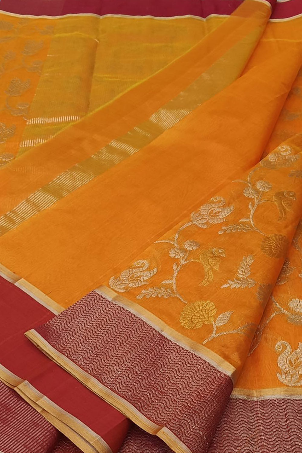 Orange Handloom Chanderi Pure Silk Flower Design Saree