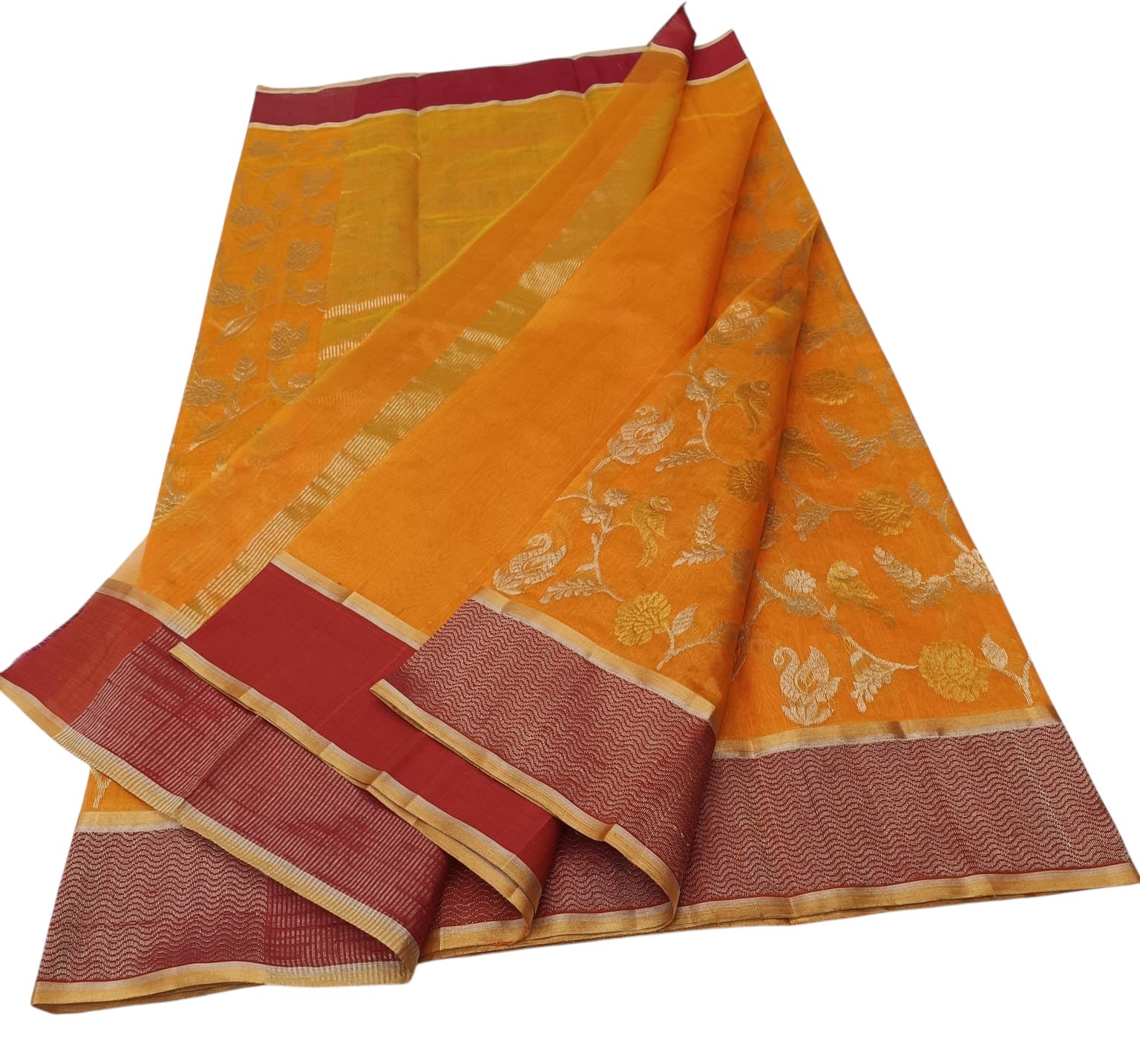 Orange Handloom Chanderi Pure Silk Flower Design Saree