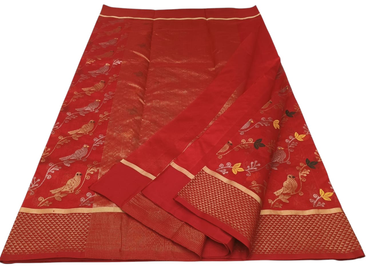Red Handloom Chanderi Pure Silk Flower And Bird Design Saree