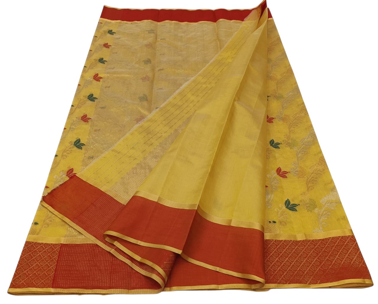 Yellow Handloom Chanderi Pure Silk Flower Design Saree