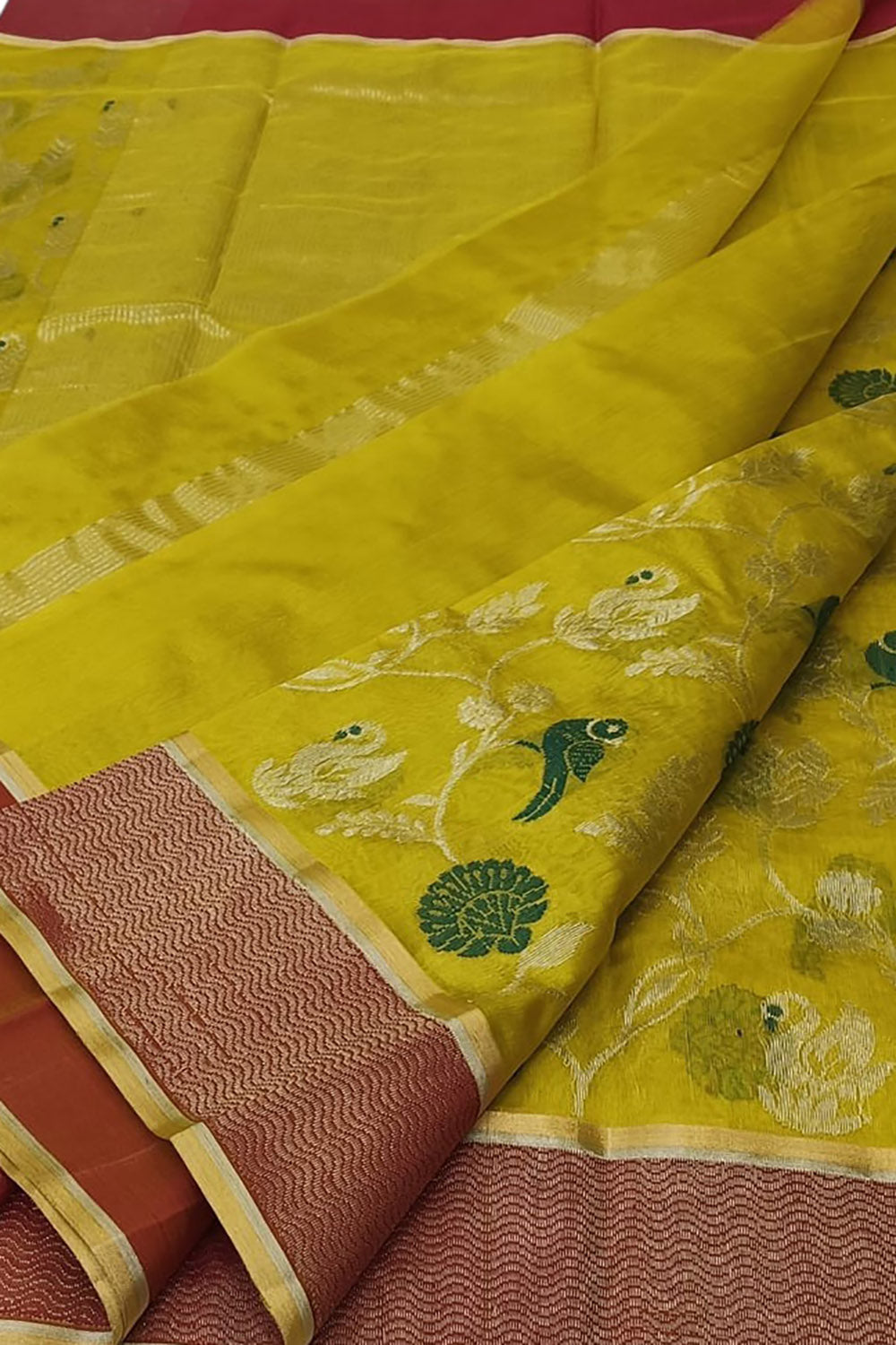 Yellow Handloom Chanderi Pure Silk Flower And Bird Design Saree