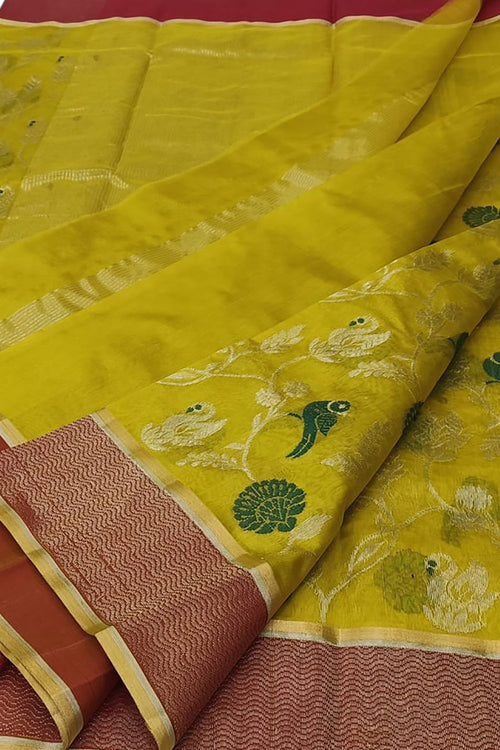 Yellow Handloom Chanderi Pure Silk Flower And Bird Design Saree - Luxurion World