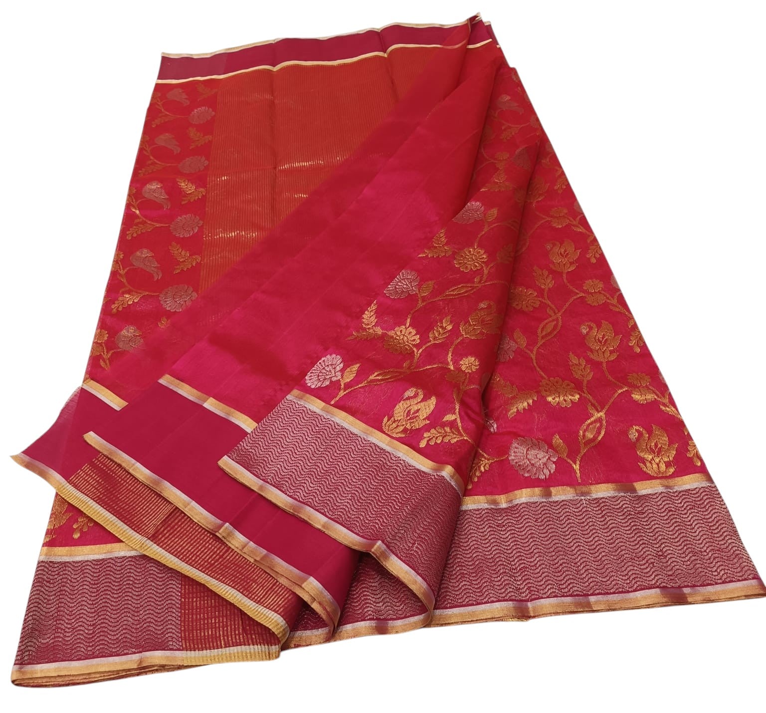 Pink Handloom Chanderi Pure Silk Flower Design Saree