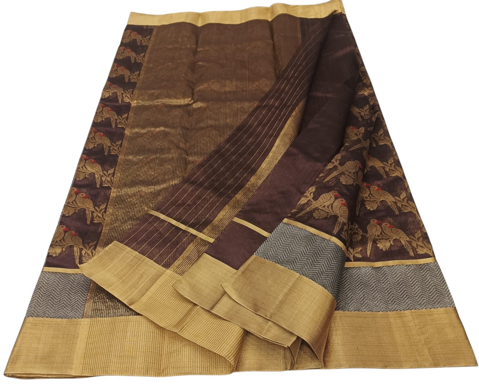 Brown Handloom Chanderi Pure Silk Flower And Bird Design Saree