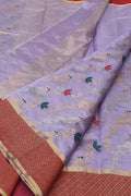 Purple Handloom Chanderi Pure Silk Flower And Bird Design Saree