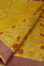 Yellow Handloom Chanderi Pure Silk Flower And Bird Design Saree
