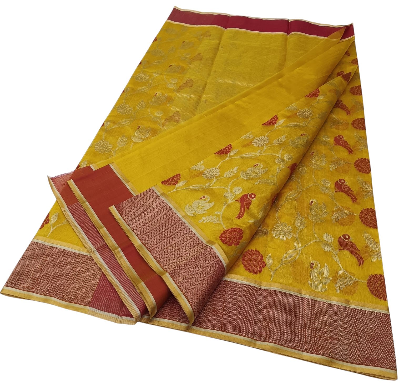 Yellow Handloom Chanderi Pure Silk Flower And Bird Design Saree