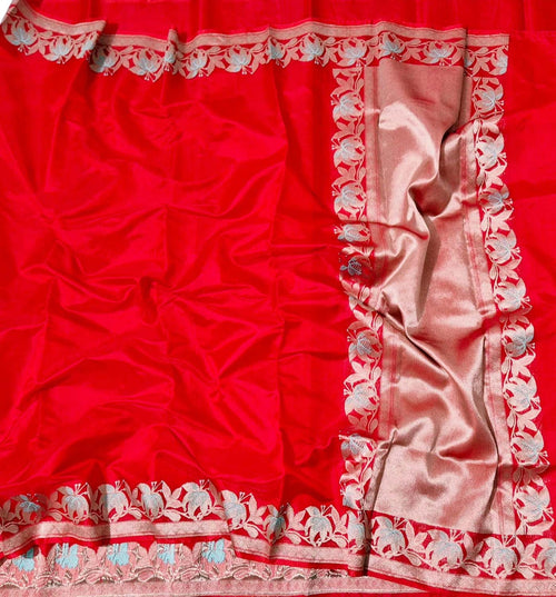 Red Handloom Chanderi Pure Silk Flower Design Saree