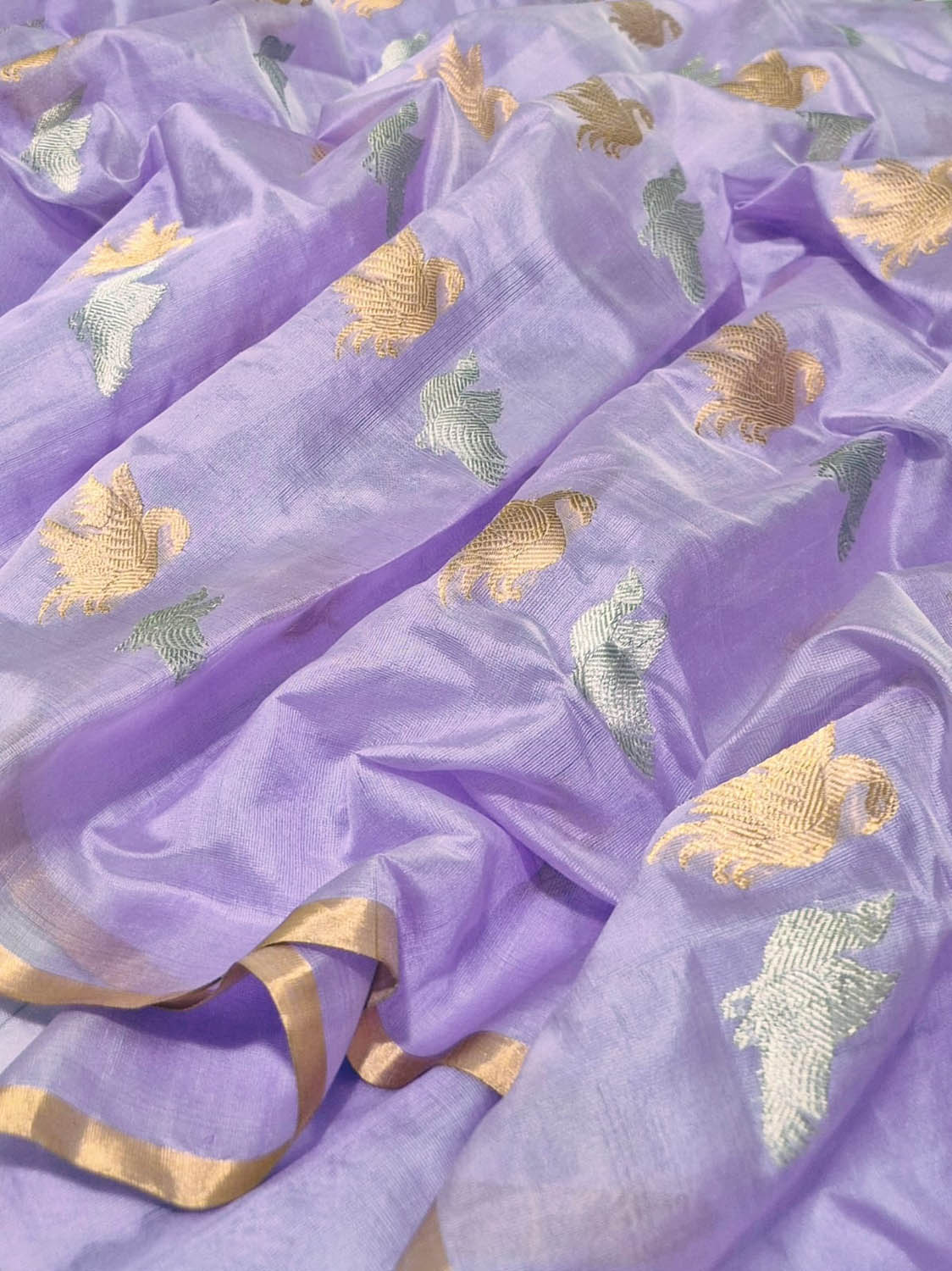 Purple Handloom Chanderi Pure Silk Bird Design Saree