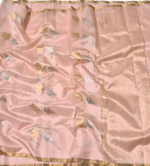 Pink Handloom Chanderi Pure Silk Bird Design Saree
