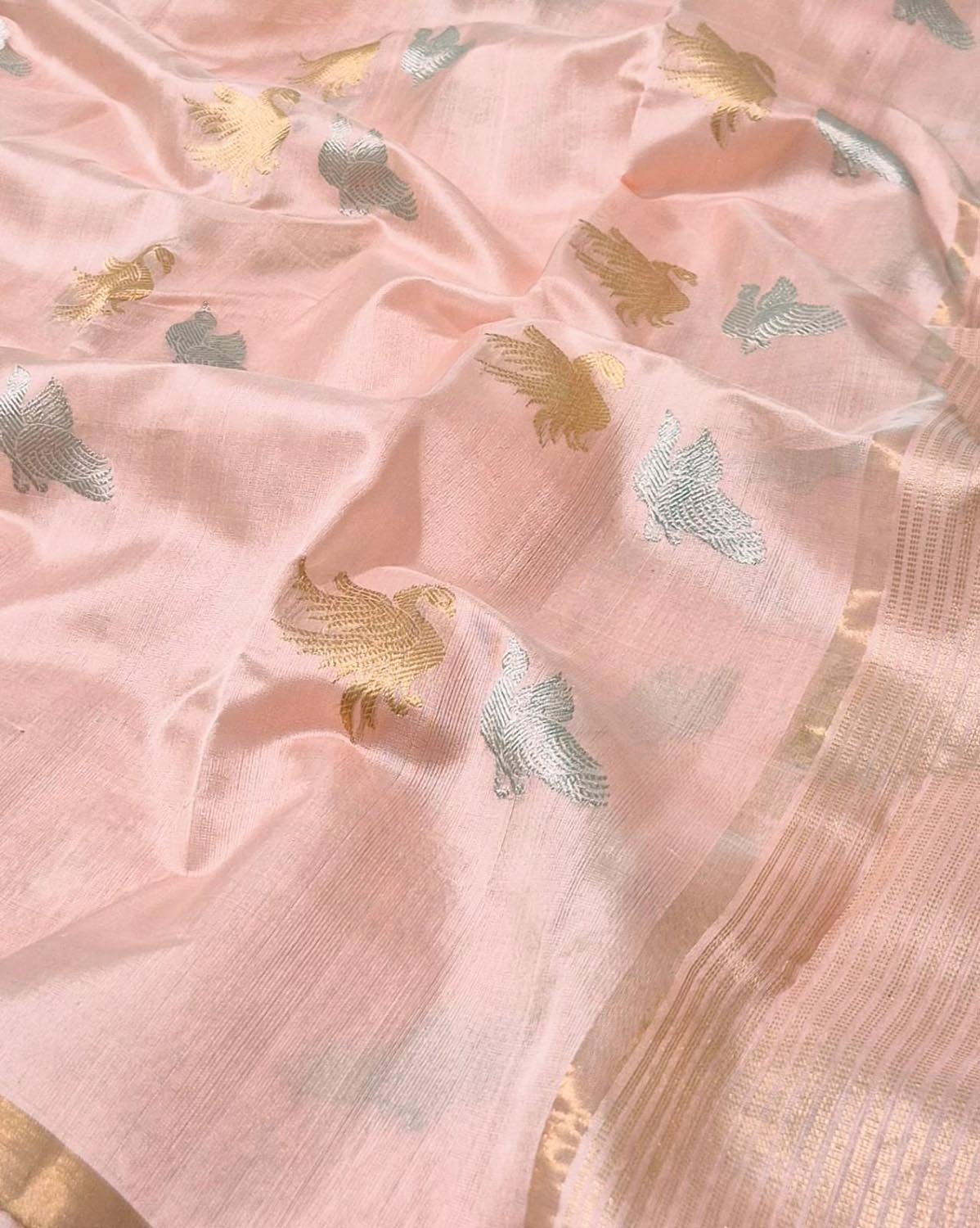 Pink Handloom Chanderi Pure Silk Bird Design Saree