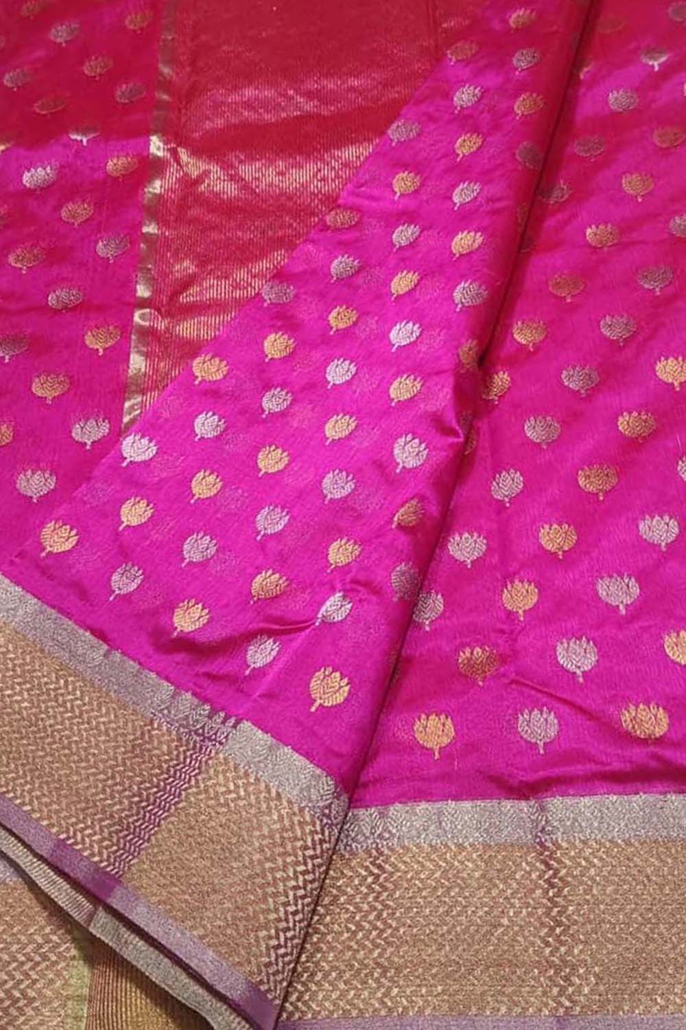 Pink Handloom Chanderi Pure Silk Flower Design Saree