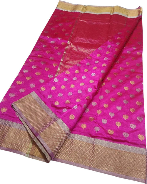 Pink Handloom Chanderi Pure Silk Flower Design Saree