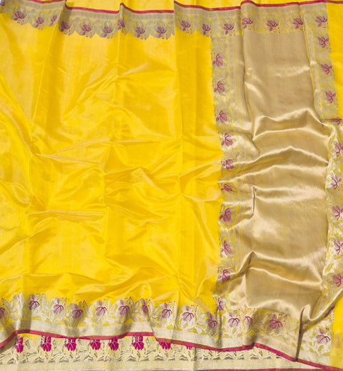 Yellow Handloom Chanderi Pure Silk Flower Design Saree