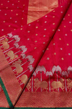 Red Handloom Chanderi Pure Silk Booti And Cow Design Saree