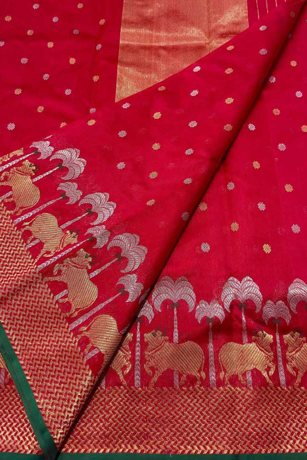 Red Handloom Chanderi Pure Silk Booti And Cow Design Saree