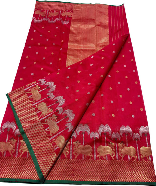 Red Handloom Chanderi Pure Silk Booti And Cow Design Saree