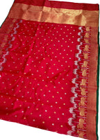 Red Handloom Chanderi Pure Silk Booti And Cow Design Saree