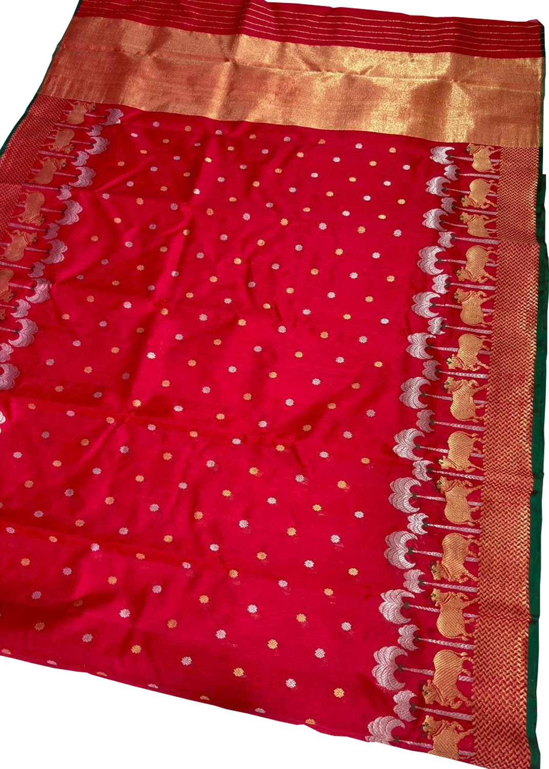 Red Handloom Chanderi Pure Silk Booti And Cow Design Saree
