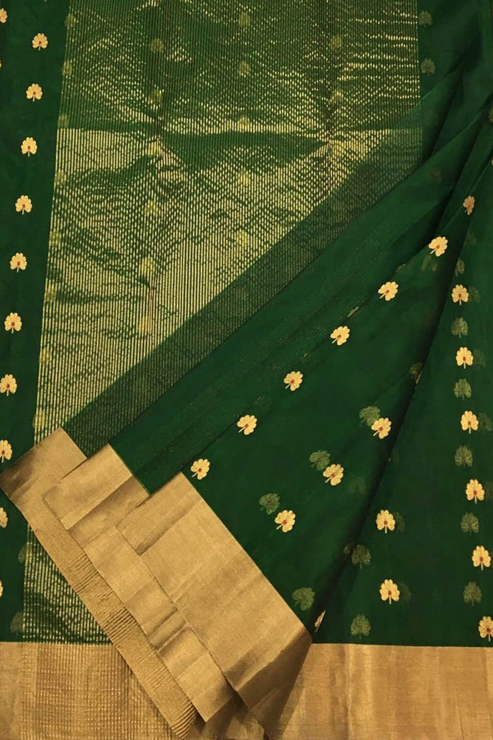 Green Chanderi Pure Katan Silk Flower Design Saree